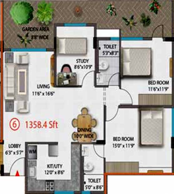 Adithya Group Brindha Residency (2BHK+2T (1,358 sq ft)   Study Room 1358 sq ft)