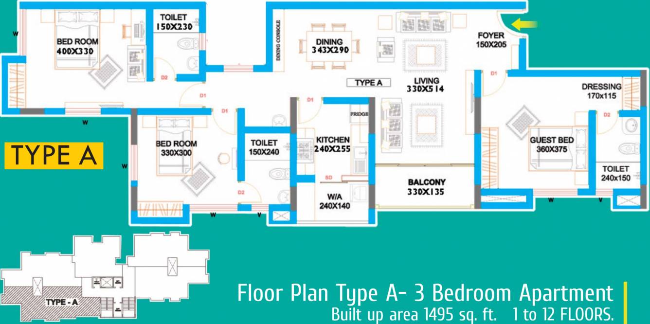 Queens Grande (3BHK+3T (1,495 sq ft) 1495 sq ft)