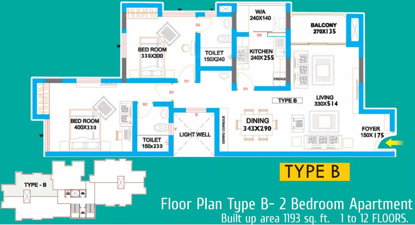 Queens Grande (2BHK+2T (1,193 sq ft) 1193 sq ft)