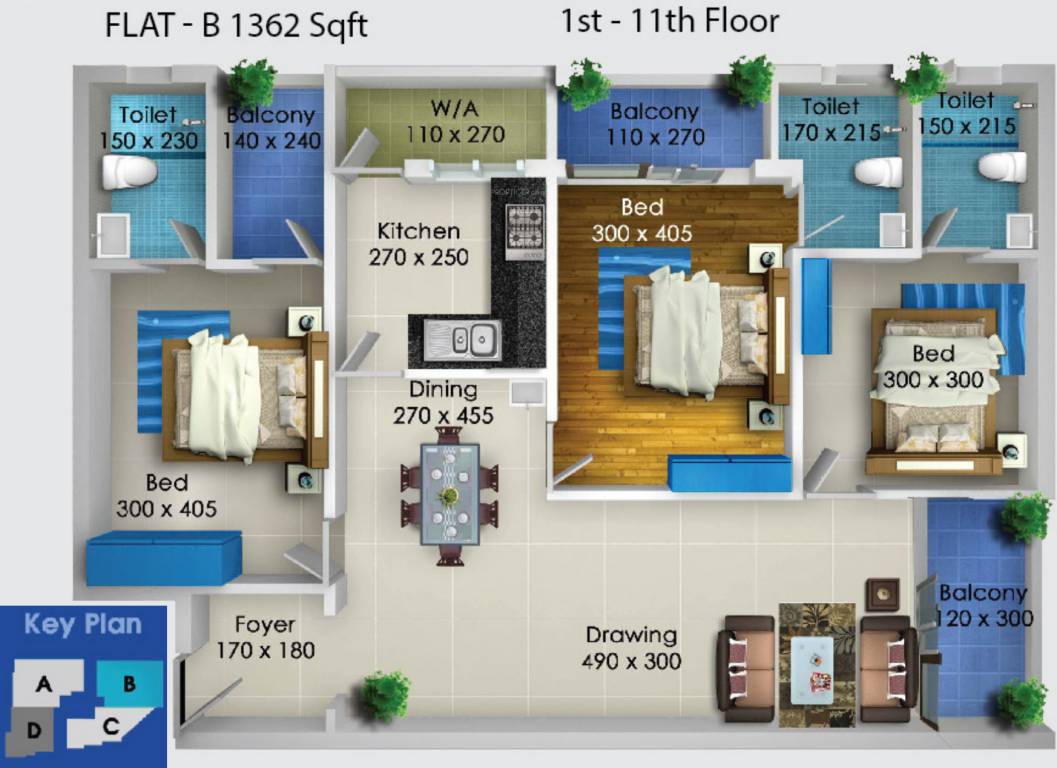 Unitac Blue Castle (3BHK+3T (1,362 sq ft) 1362 sq ft)