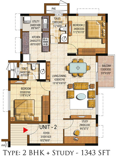 Salarpuria Sattva Navaratna Residency (2BHK+2T (1,343 sq ft)   Study Room 1343 sq ft)