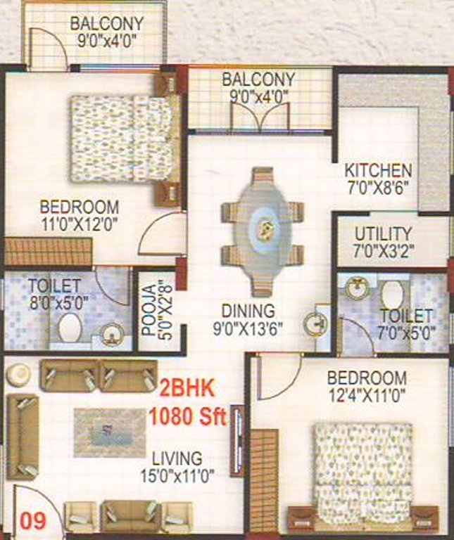 Santrupti Sree Guru BR Elite (2BHK+2T (1,080 sq ft) Pooja Room 1080 sq ft)