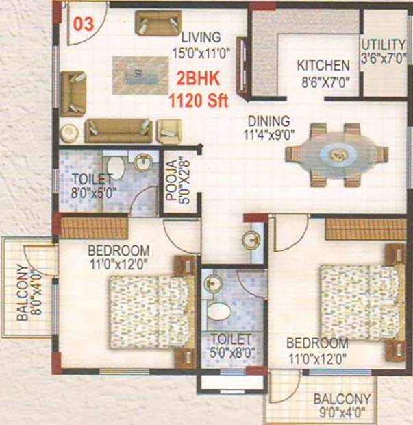 Santrupti Sree Guru BR Elite (2BHK+2T (1,120 sq ft)   Pooja Room 1120 sq ft)