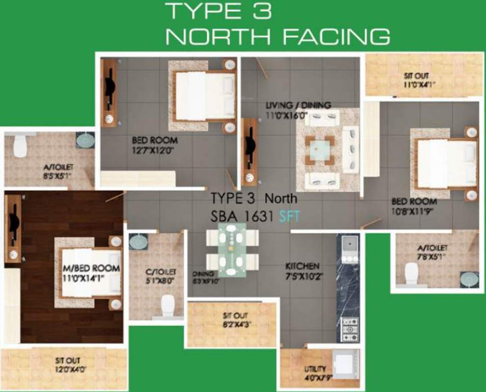 SV Meadows (3BHK+3T (1,631 sq ft) 1631 sq ft)