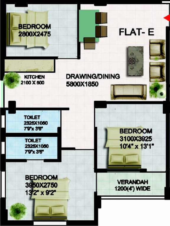 Red Doyeeta (3BHK+2T (1,020 sq ft) 1020 sq ft)