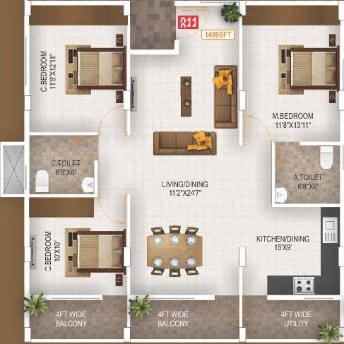 Sanjeevini Pebbles (3BHK+2T (1,400 sq ft) 1400 sq ft)
