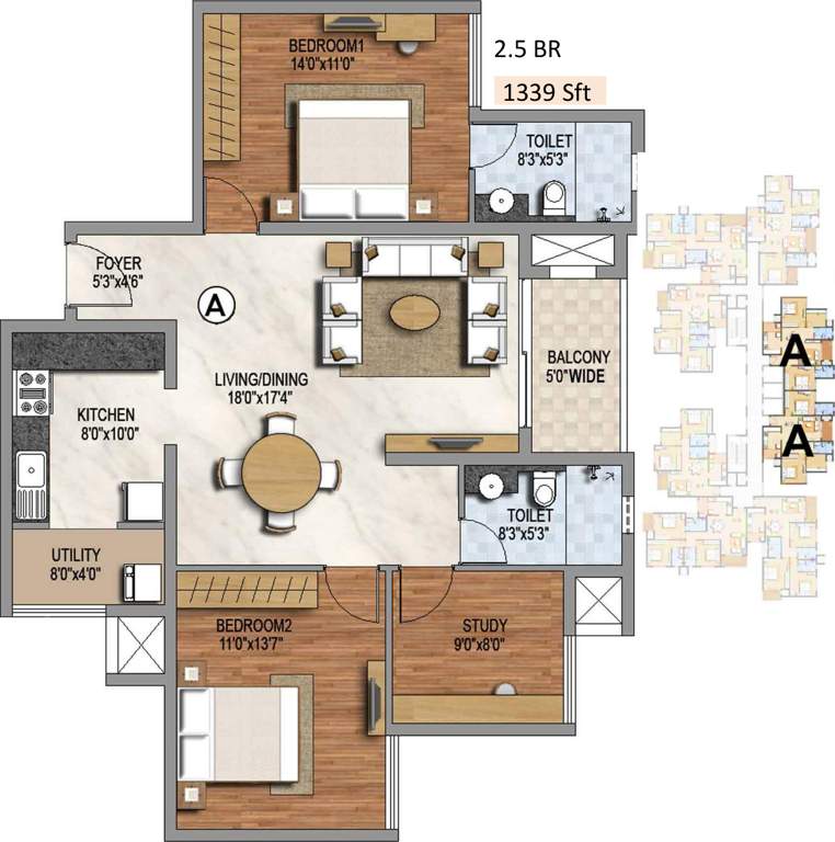 Prestige Misty Waters (2BHK+2T (1,339 sq ft) + Study Room 1339 sq ft)