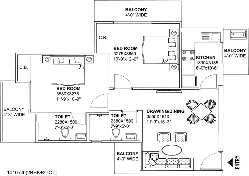 Earth Towne (2BHK+2T (1,010 sq ft) 1010 sq ft)