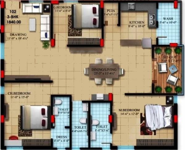 Bhandari Meadow Land (3BHK+3T (1,840 sq ft)   Pooja Room 1840 sq ft)