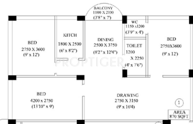 Vibgyor Kings Residency (3BHK+1T (1,157 sq ft) 1157 sq ft)