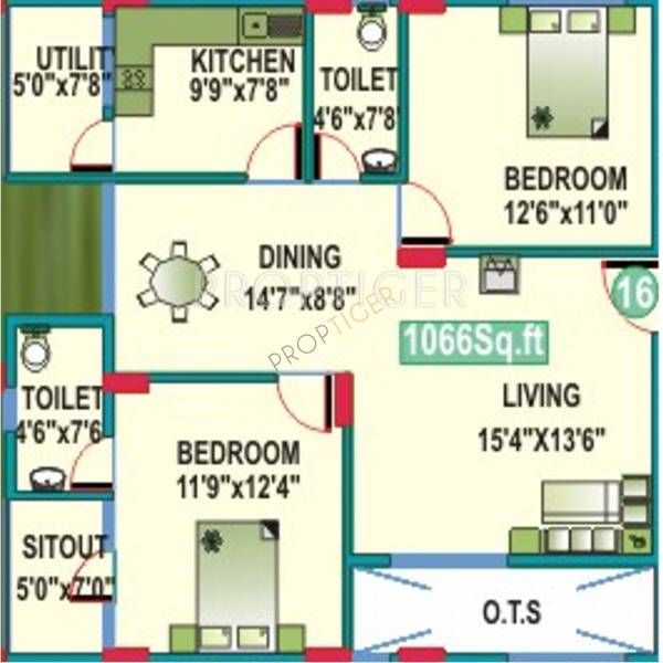 Mahaveer Cedar (2BHK+2T (1,066 sq ft) 1066 sq ft)