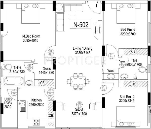 Floor Plan (3BHK+3T) Aliens Elite Floor Plan (3BHK+3T)