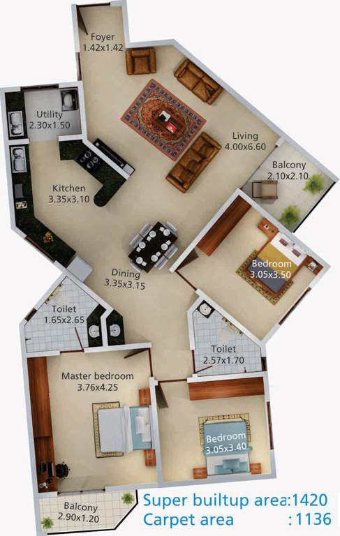 Aratt Vivera (3BHK+2T (1,420 sq ft) 1420 sq ft)