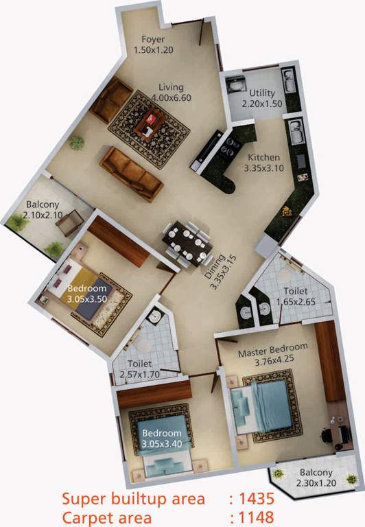 Aratt Vivera (3BHK+2T (1,435 sq ft) 1435 sq ft)