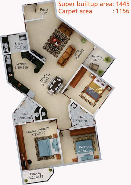 Aratt Vivera (3BHK+2T (1,445 sq ft) 1445 sq ft)