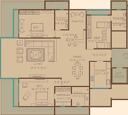 PR Builders Chitra Floor Plan (3BHK+3T)