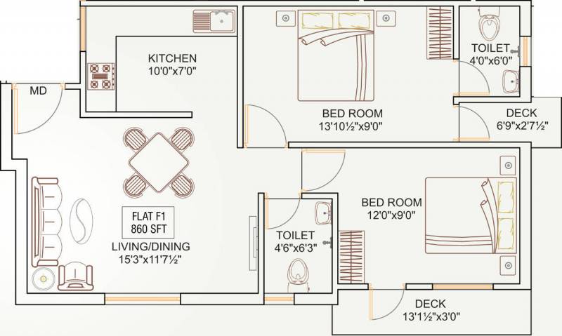 860 sq ft 2 BHK Floor Plan Image Oyester Homes
