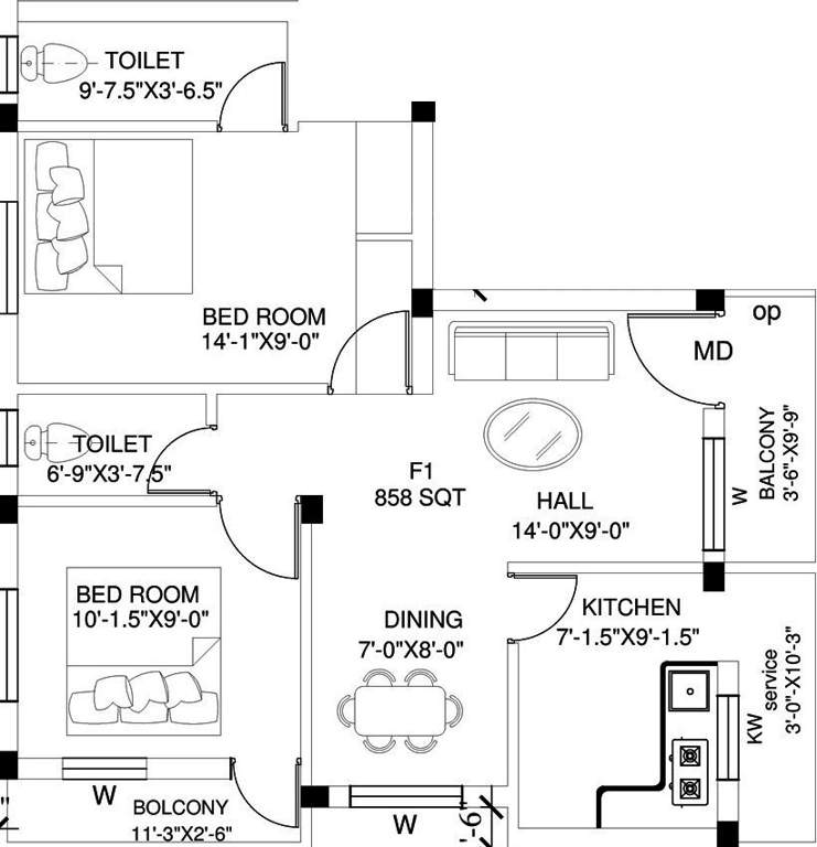 DJ Kshetra (2BHK+2T (858 sq ft) 858 sq ft)