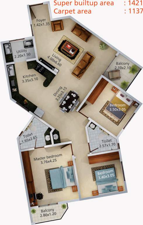 Aratt Vivera (3BHK+2T (1,421 sq ft) 1421 sq ft)