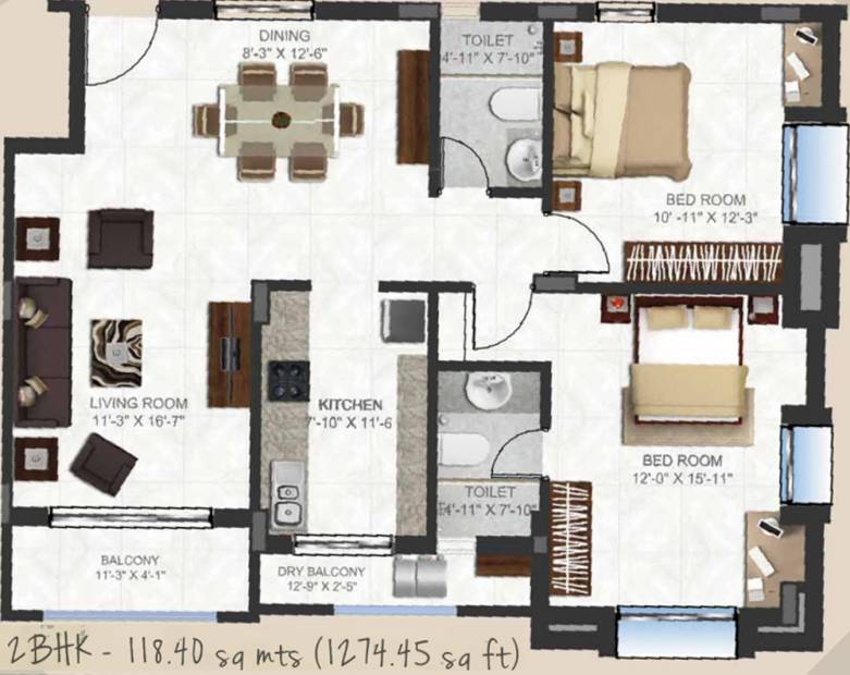 Remus Postcard Portico Apartments (2BHK+2T (1,274 sq ft) 1274 sq ft)