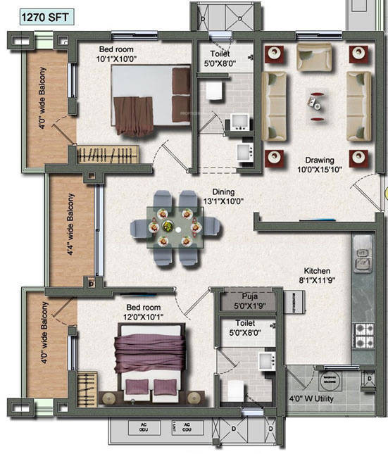 Vertex Panache (2BHK+2T (1,270 sq ft)   Pooja Room 1270 sq ft)