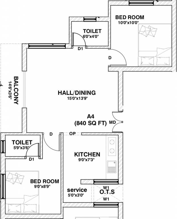 Brownstone Amber (2BHK+2T (840 sq ft) 840 sq ft)