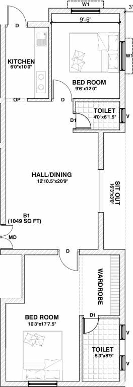 Brownstone Amber (2BHK+2T (1,049 sq ft) 1049 sq ft)