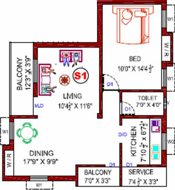 Perfect Builders Shantham Floor Plan (1BHK+1T (857 sq ft) 857 sq ft)