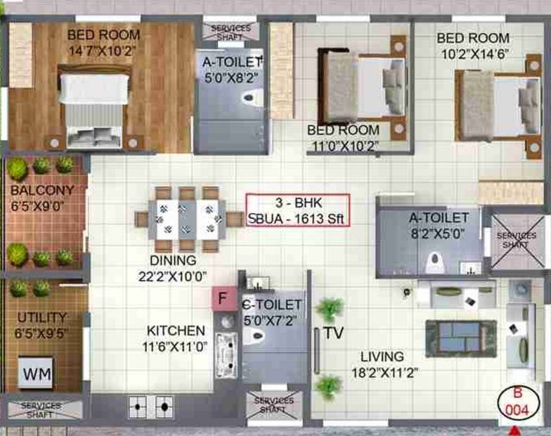 SV Constructions Heights Floor Plan (3BHK+3T (1,613 sq ft) 1613 sq ft)