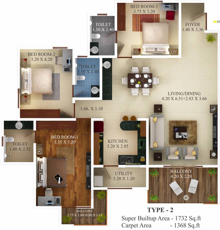 Aratt Requizza (3BHK+3T (1,732 sq ft) 1732 sq ft)