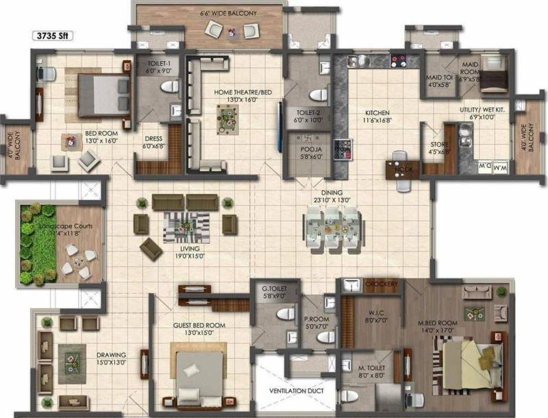 3735 sq ft 3 BHK Floor Plan Image Aparna Constructions