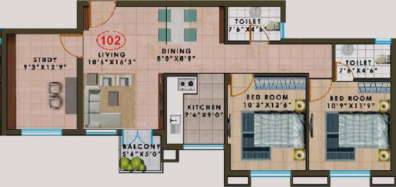 Agni Pelican Heights (2BHK+2T (1,258 sq ft) + Study Room 1258 sq ft)