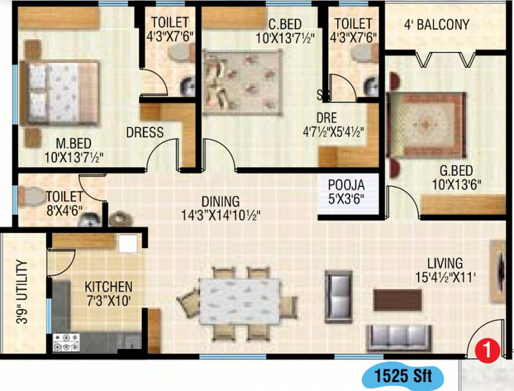 GSRK Estates Aashirwad Heights Floor Plan (3BHK+3T (1,525 sq ft) + Pooja Room 1525 sq ft)