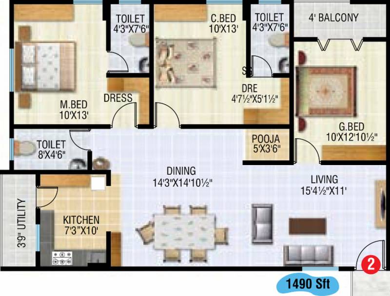 GSRK Estates Aashirwad Heights Floor Plan (3BHK+3T (1,490 sq ft) + Pooja Room 1490 sq ft)