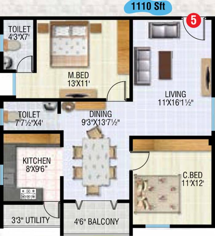 GSRK Estates Aashirwad Heights Floor Plan (2BHK+2T (1,110 sq ft) 1110 sq ft)