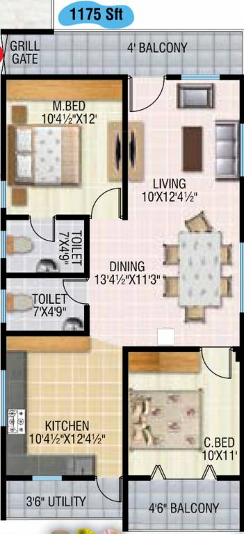 GSRK Estates Aashirwad Heights Floor Plan (2BHK+2T (1,175 sq ft) 1175 sq ft)