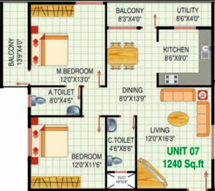 Achuth Pearls (2BHK+2T (1,240 sq ft) 1240 sq ft)
