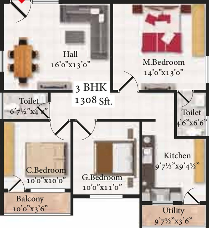 BVS Pinnacle (3BHK+2T (1,308 sq ft) 1308 sq ft)