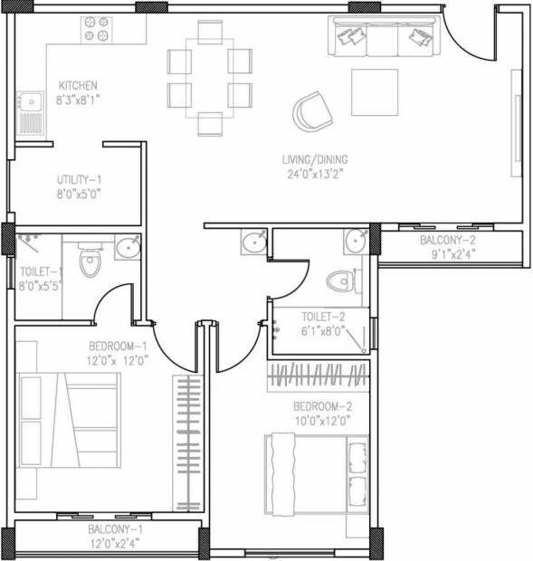 NR Windgates (2BHK+2T (1,185 sq ft) 1185 sq ft)