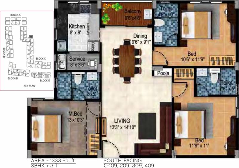 Tulive Dakshin (3BHK+3T (1,333 sq ft) + Pooja Room 1333 sq ft)