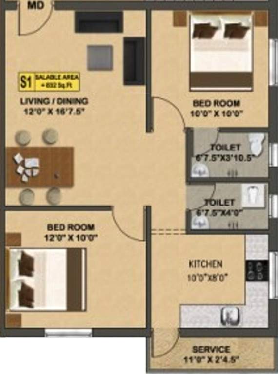 Edgepoint Prem Deepak (2BHK+2T (894 sq ft) 894 sq ft)