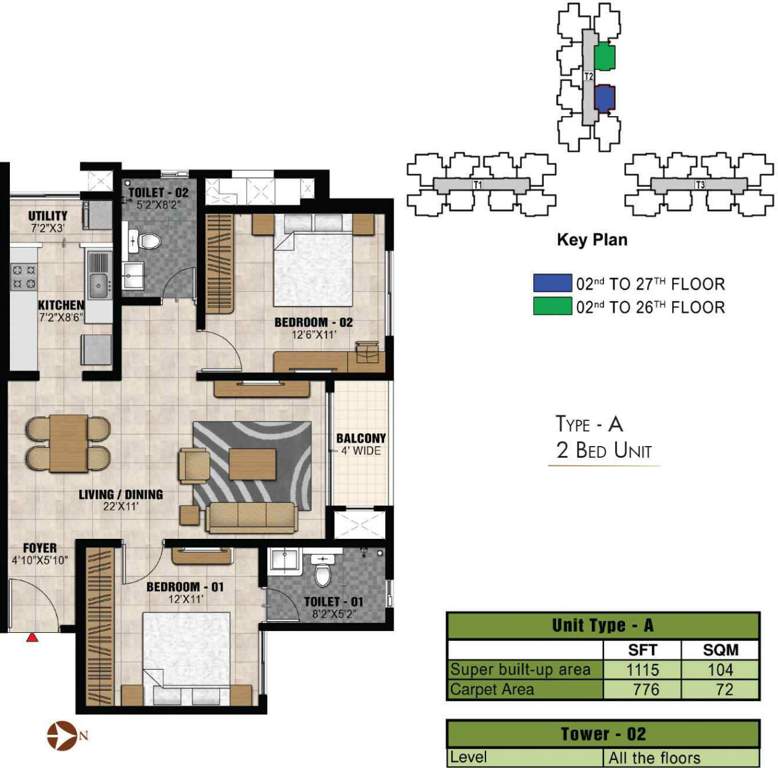 Prestige Park Square (2BHK+2T (1,115 sq ft) 1115 sq ft)