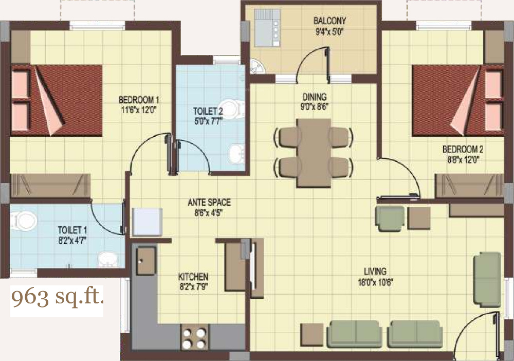TVS Emerald Green Hills (2BHK+2T (963 sq ft) 963 sq ft)