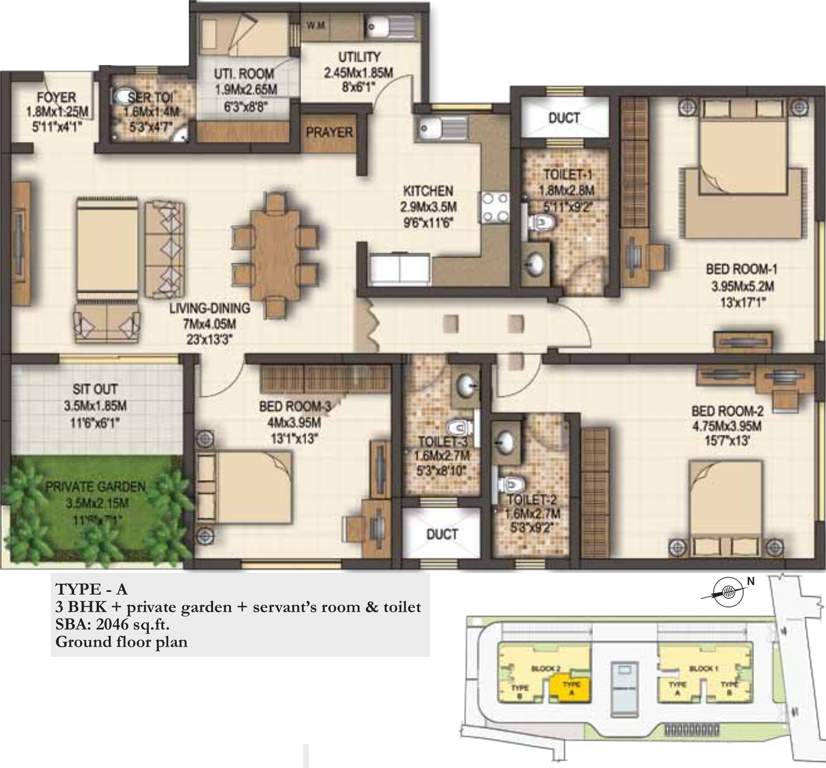 Sobha Marvella (3BHK+3T (2,046 sq ft)   Servant Room 2046 sq ft)