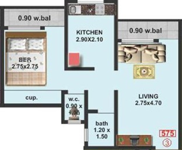 Kashmira Builder Galaxy Floor Plan (1BHK+1T (575 sq ft) 575 sq ft)