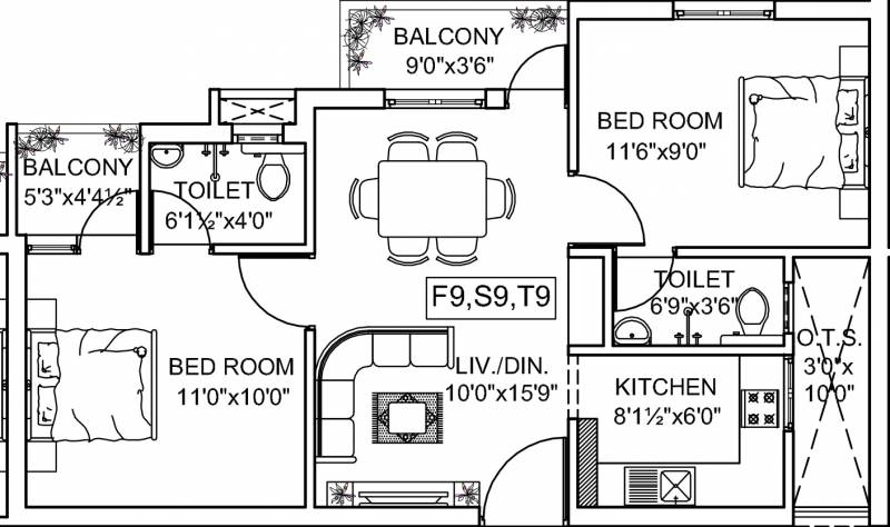 PG Crescent Park (2BHK+2T (755 sq ft) 755 sq ft)