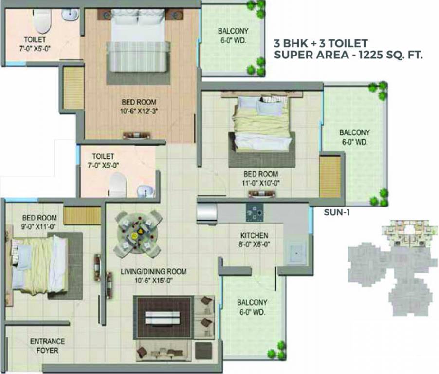 Migsun Wynn (3BHK+2T (1,225 sq ft) 1225 sq ft)
