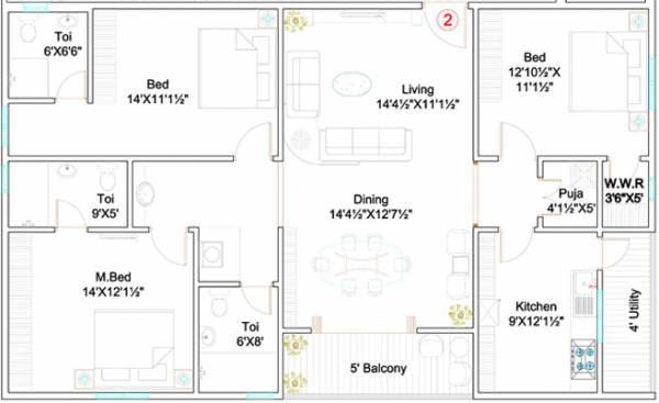 Bliss (3BHK+3T (1,850 sq ft) + Pooja Room 1850 sq ft) Bliss (3BHK+3T (1,850 sq ft) + Pooja Room 1850 sq ft)