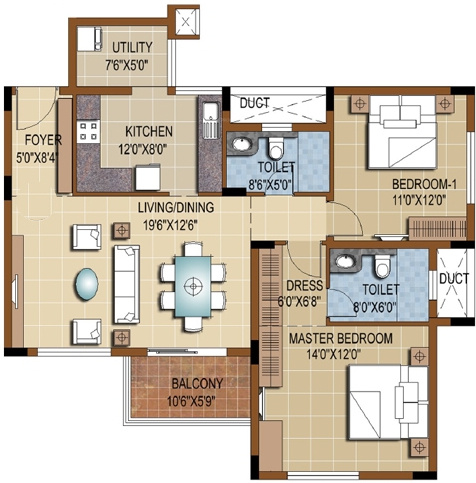 Purva Skydale (2BHK+2T (1,273 sq ft) 1273 sq ft)