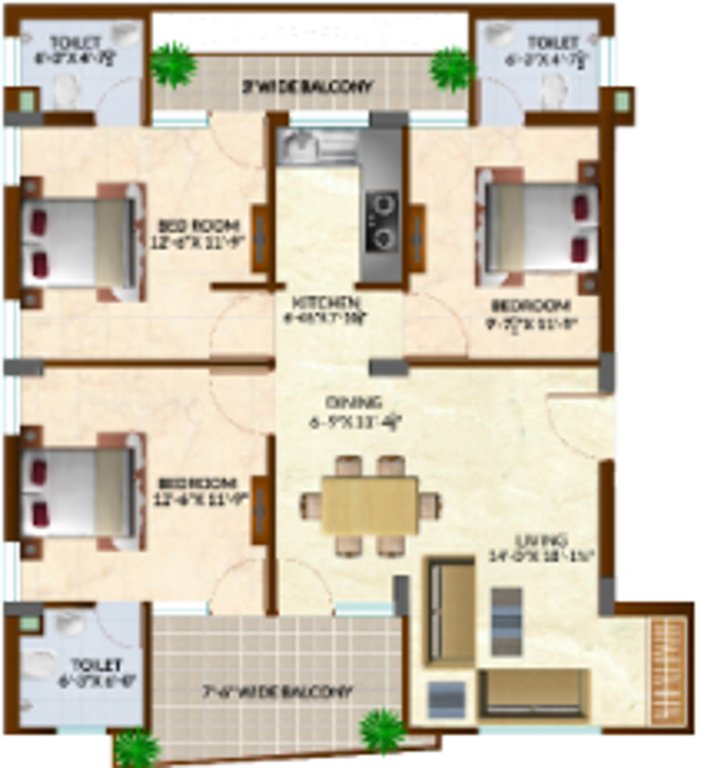 Swastik Dream Developers Square Floor Plan (3BHK+3T)